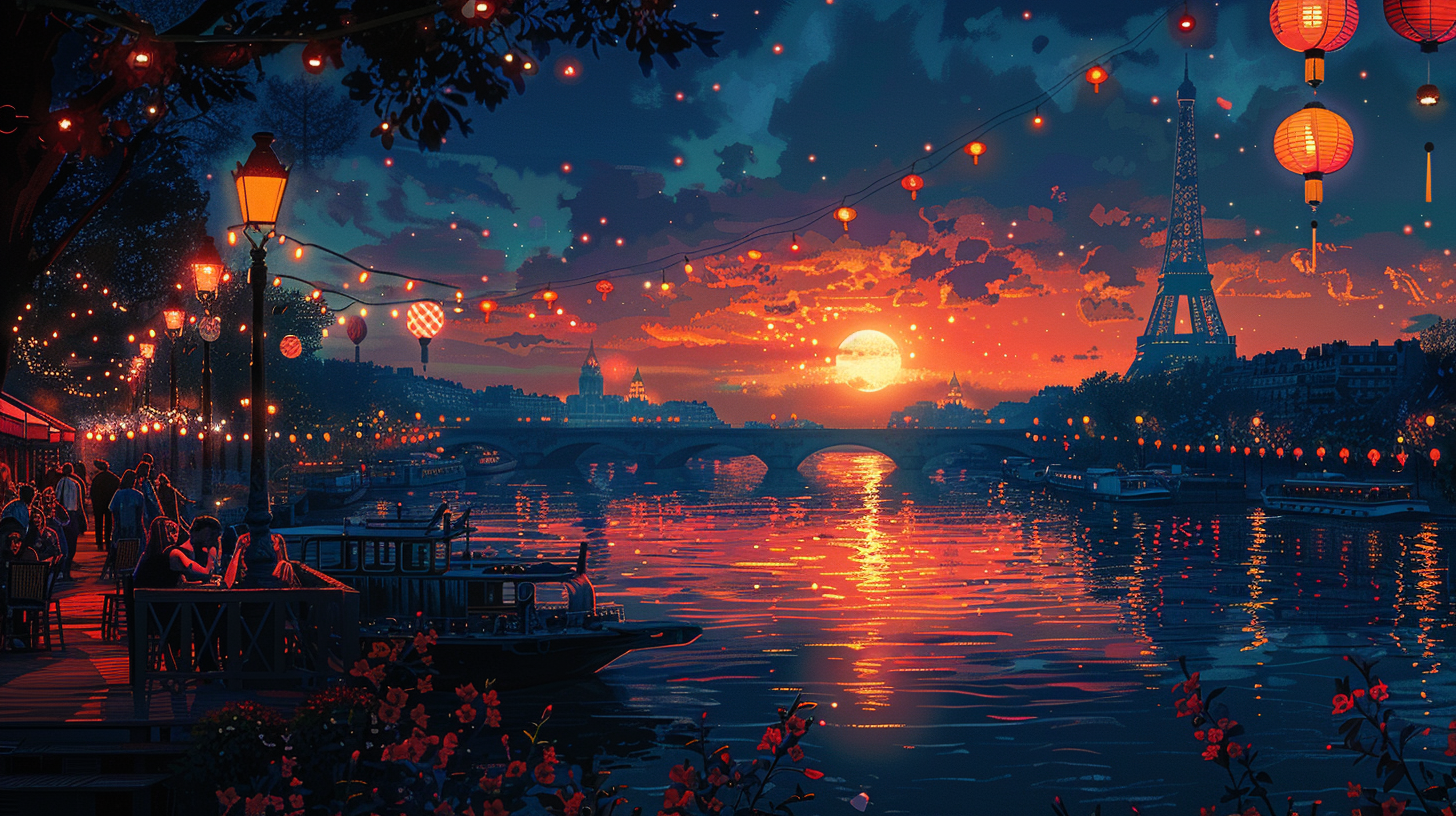 Vue nocturne de la Seine avec lanternes